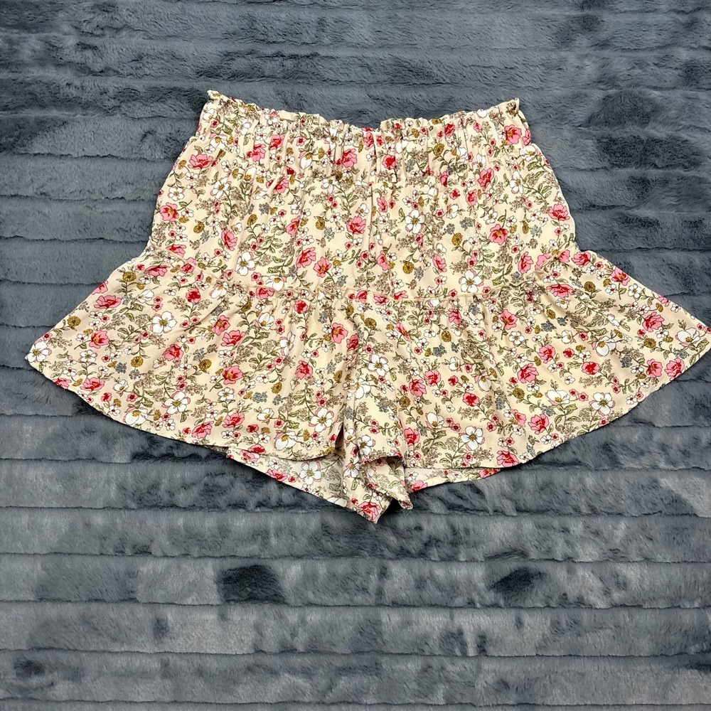 Forever 21 Women Floral Ruffle Shorts Taupe Pink Multi Elastic Waist Lined L
